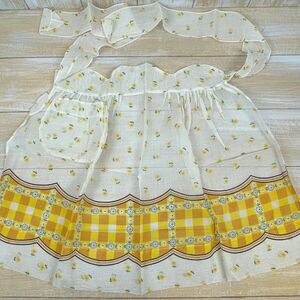 Vintage Sheer Half Apron Dainty Yellow Floral Organza Plaid Trim Cottage Core